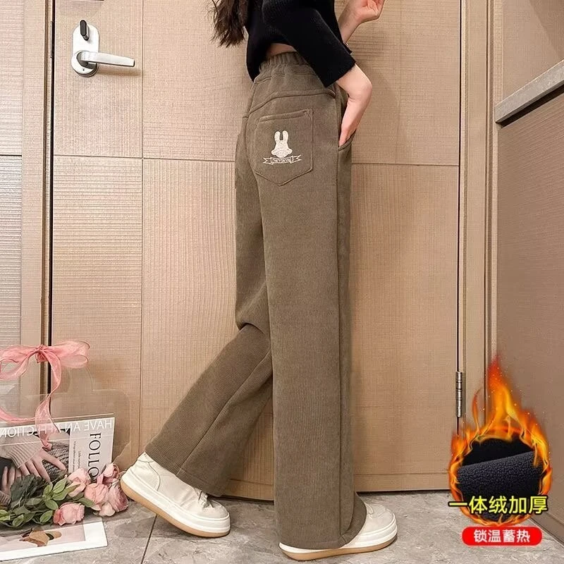女童裤子秋冬加绒一体绒直筒裤中大童女孩冬季外穿洋气休闲阔腿裤