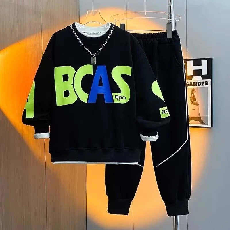 男童春秋套装新款印花加绒卫衣卫裤男孩帅气宽松运动套装冬季长袖