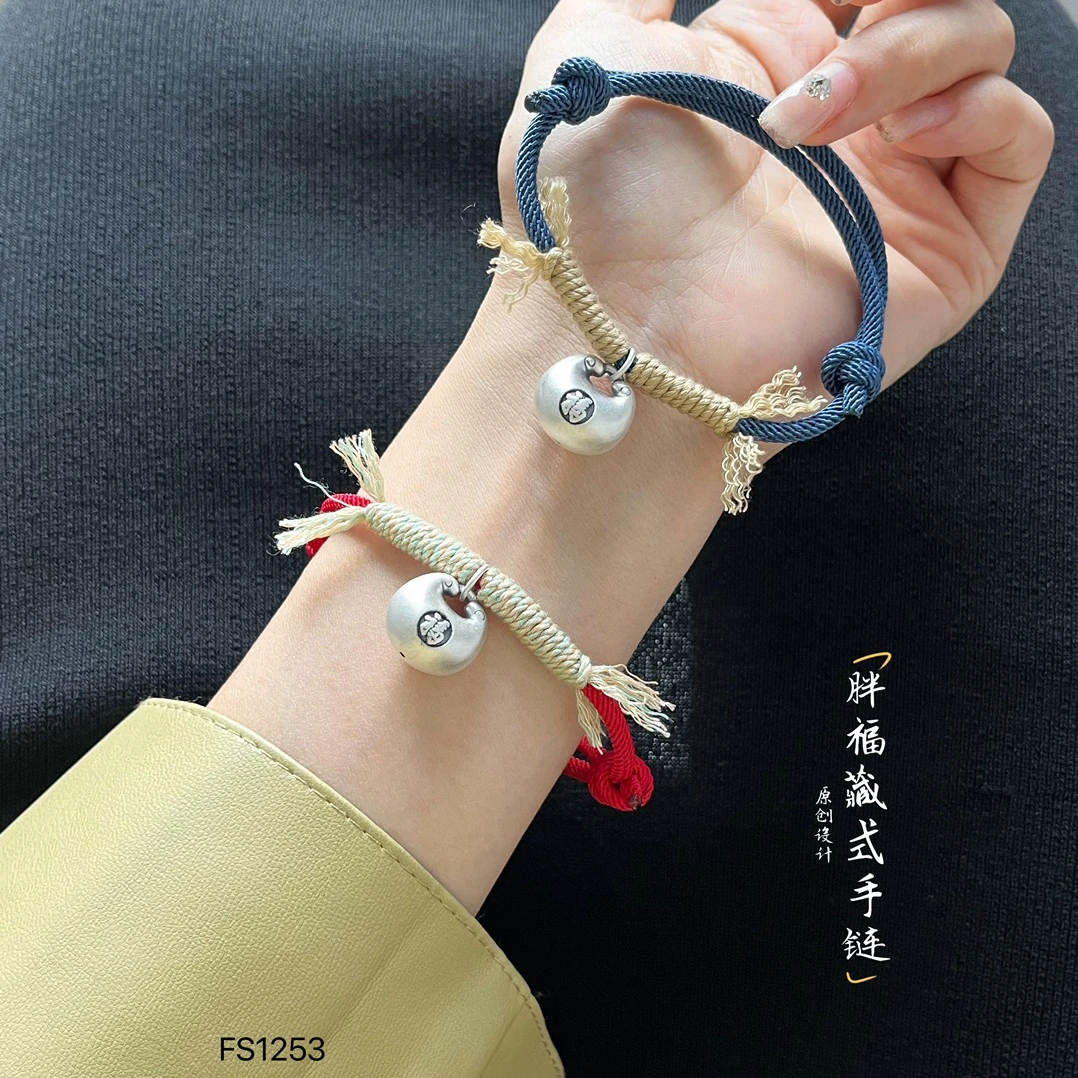 足银手链 原创设计3D足银胖福藏式可调节手绳元宝福字编绳女百搭