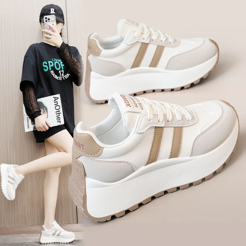 新款2024秋季厚底阿甘女鞋休闲皮面拼接运动鞋学生百搭透气跑步