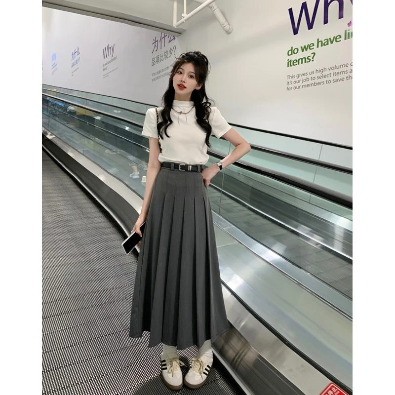 灰色半身裙女2024新款高腰显瘦显高a字小个子中长款西装百褶裙子