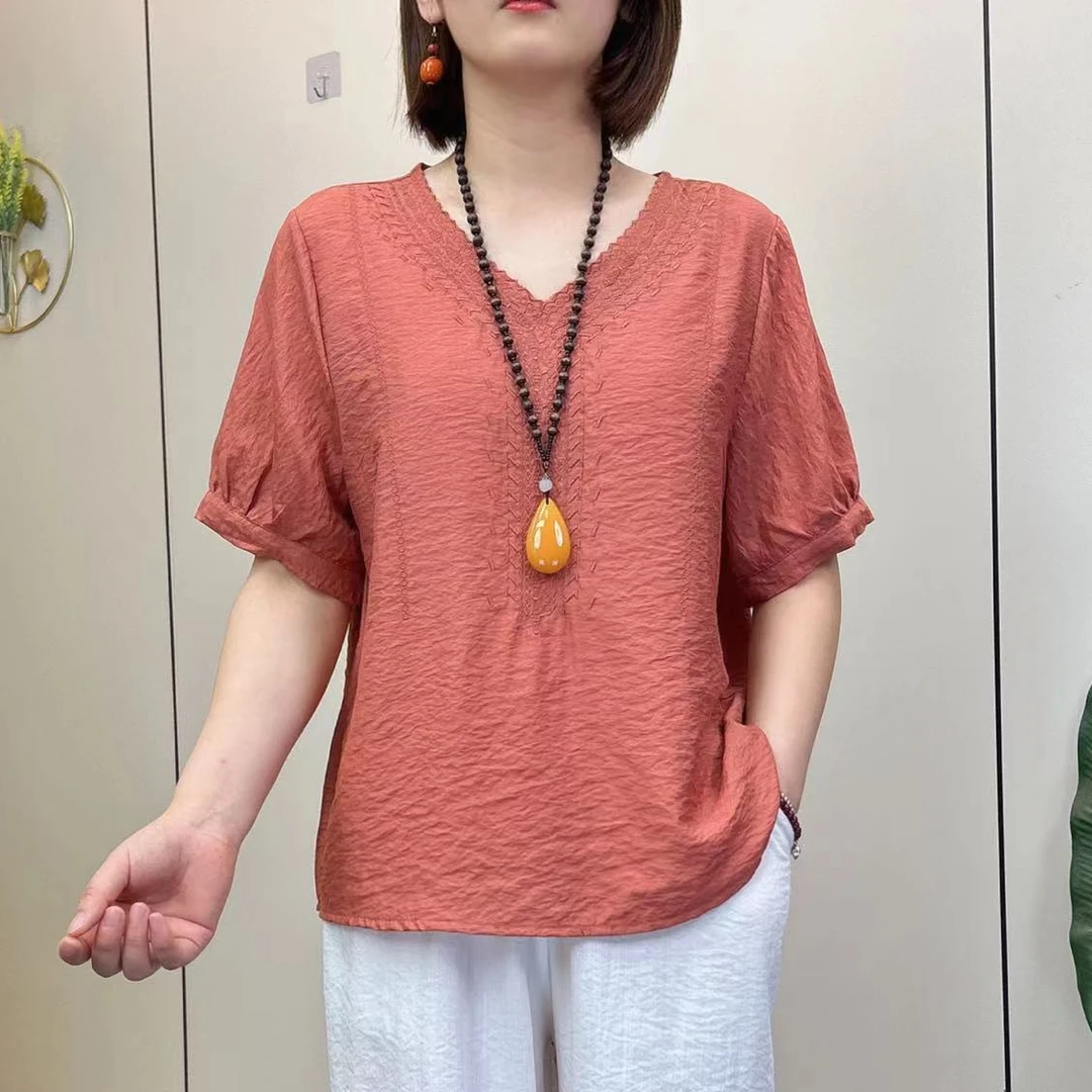 夏季新款短袖T恤刺绣百搭宽松V领文艺上衣女