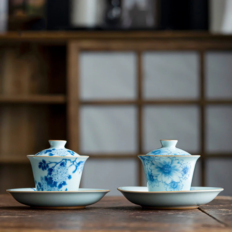 青花手绘三才盖碗陶瓷茶杯带盖功夫茶具手抓碗禅意复古泡茶碗手工