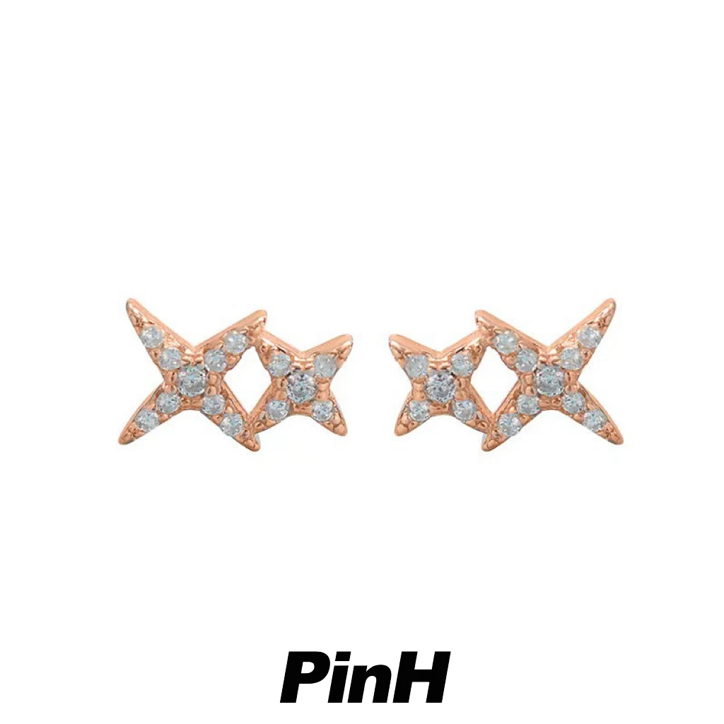 925银合成锆石耳饰 【PinH】925纯银四角星耳钉镶钻时尚小巧甜美