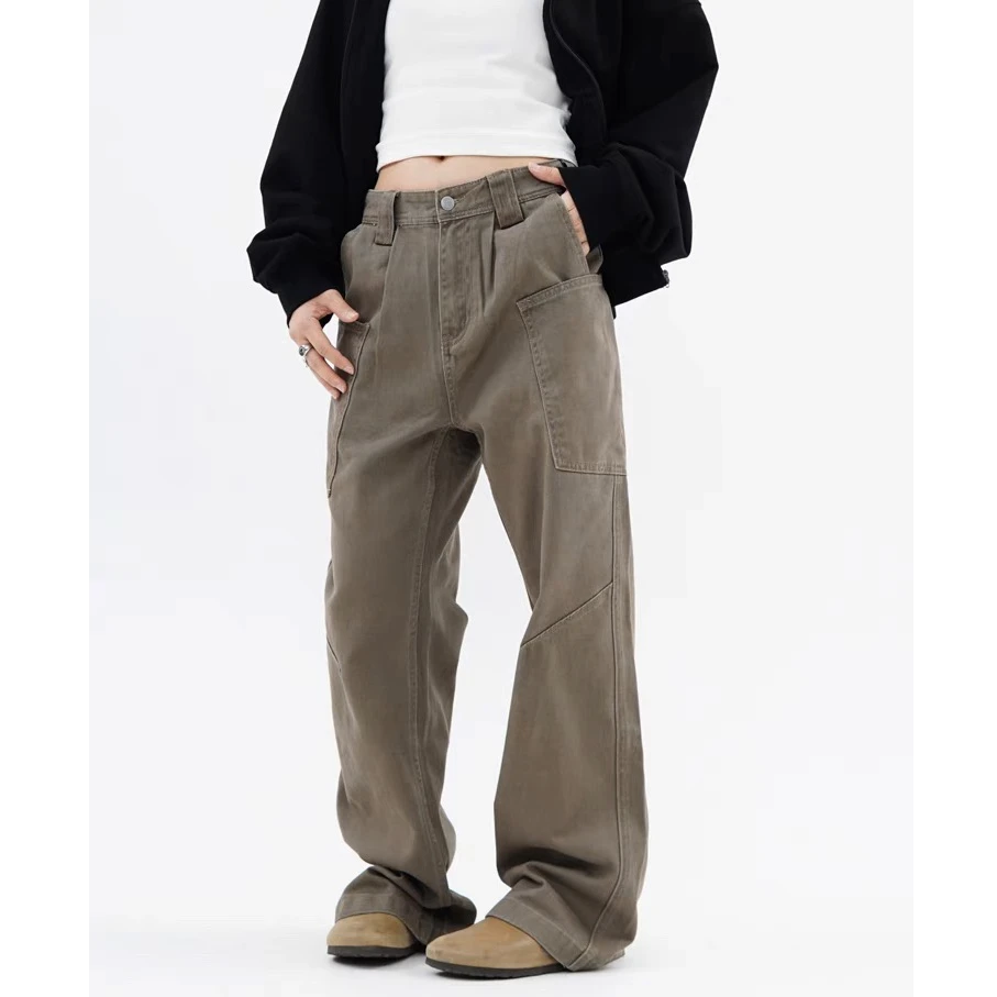 D3397#美式复古水洗高腰拼接工装裤男女cleanfit直筒裤子美拉德潮