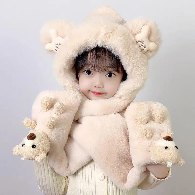 【亲子款】可爱小熊帽子保暖围巾一体帽女秋冬天手套三件套儿童帽