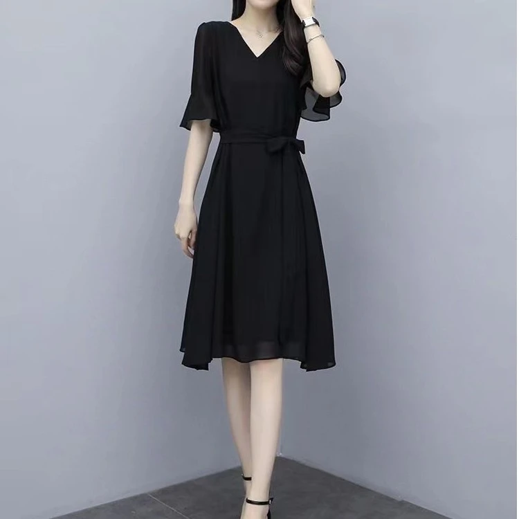 大码短款五分荷叶袖珍珠纱连衣裙小个子中长款小黑裙（29款）