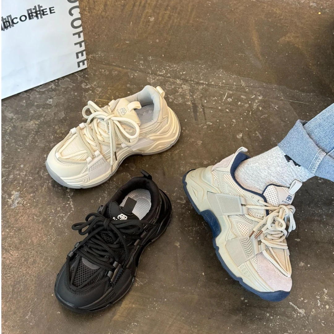 复古老爹鞋女2025新款春季爆款透气网面厚底增高轻便运动休闲鞋子