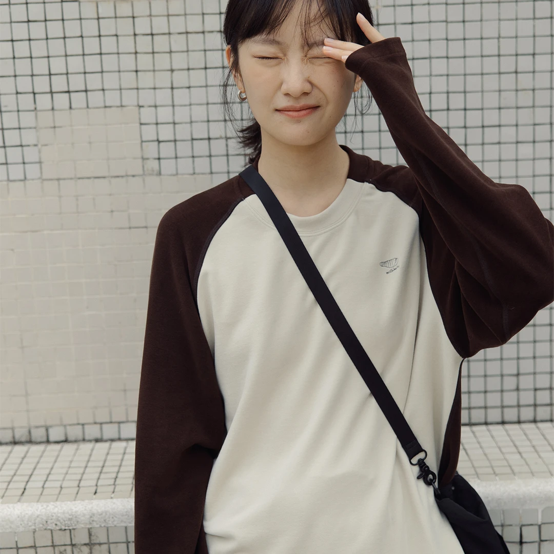 【睡袋T恤】步履不停 秋冬保暖打底衫撞色插肩袖咖色长袖T恤上衣女