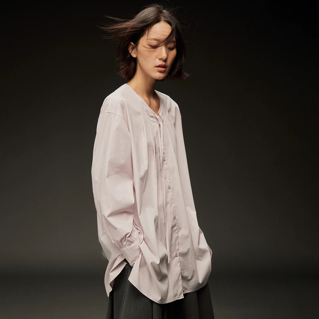 【鹅卵石衬衫】步履不停   秋季新品休闲水粉纯色随性宽松无领衬衫
