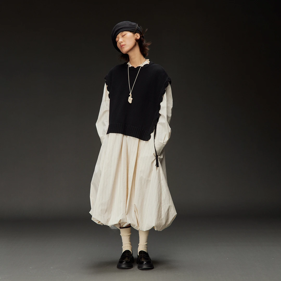 【沙炽星连衣裙】步履不停 秋季文艺女生感条纹花苞小立领连衣裙