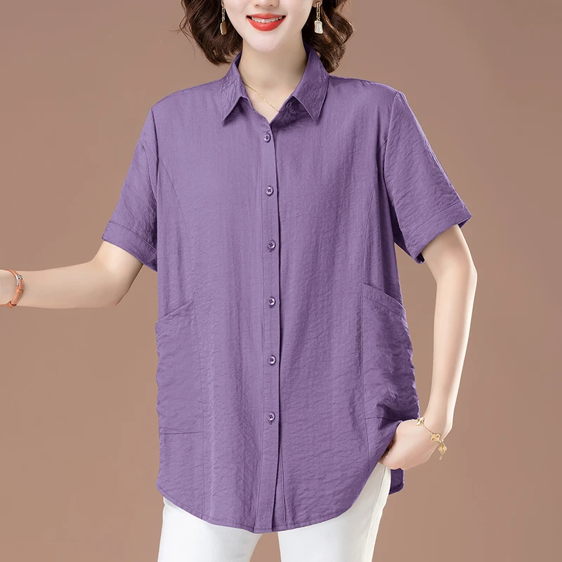 中老年女装大码衬衫高贵中长款上衣遮屁股洋气妈妈装衬衣短袖夏装