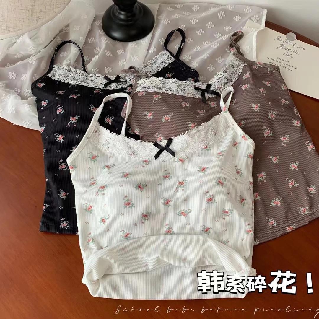 甜美碎花蝴蝶结蕾丝吊带背心女2024夏季新款韩系内搭短款辣妹上衣