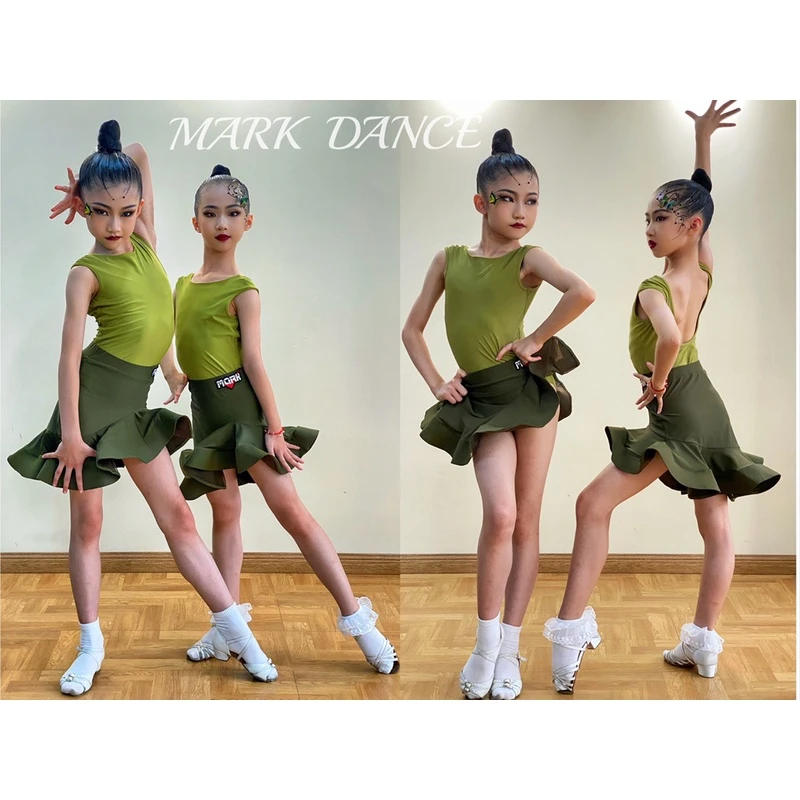 玛珂儿 MAR舞服拉丁舞高级绿色撞色设计风格分体小太阳裙