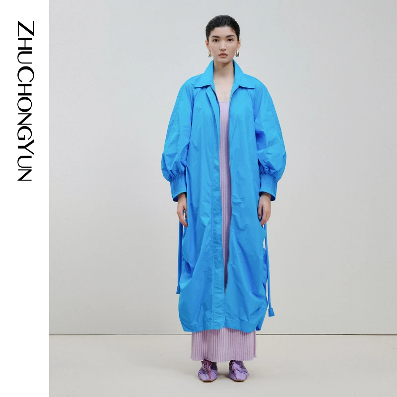 ZHUCHONGYUN春松石蓝褶皱设计感宽松翻领风衣C1EG1112F