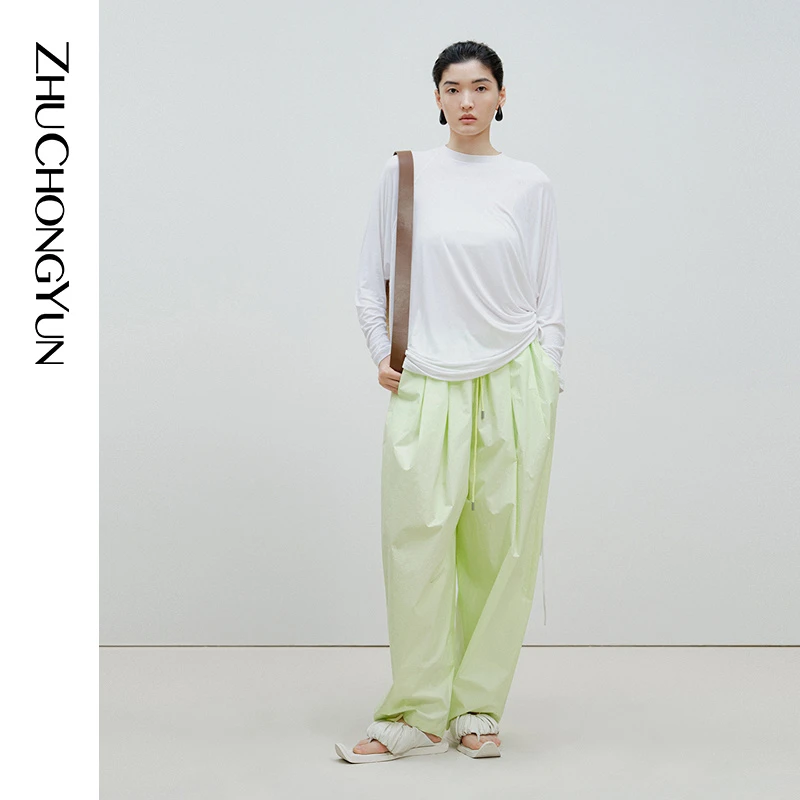 ZHUCHONGYUN秋果绿色轻薄纸感棉质长裤子C1EG30615