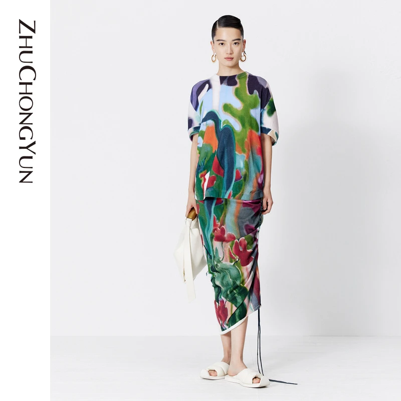 【沐风沃棉】ZHUCHONGYUN2023夏醒雨修身抽褶针织半裙C1DE2844M