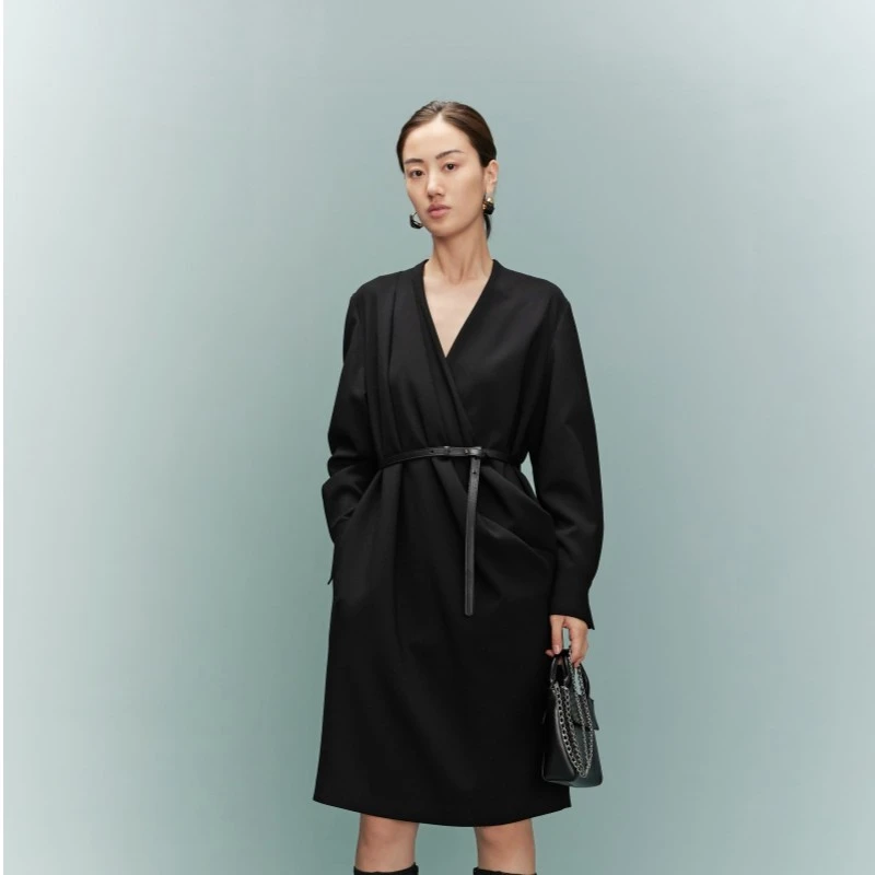 ZHUCHONGYUN通勤时尚秋冬褶饰简约黑色连衣裙女士C1BW41136
