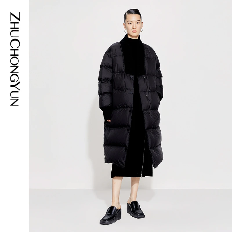 【米儿精选】ZHUCHONGYUN2023百搭保暖时尚黑长羽绒服C1DE3417Y