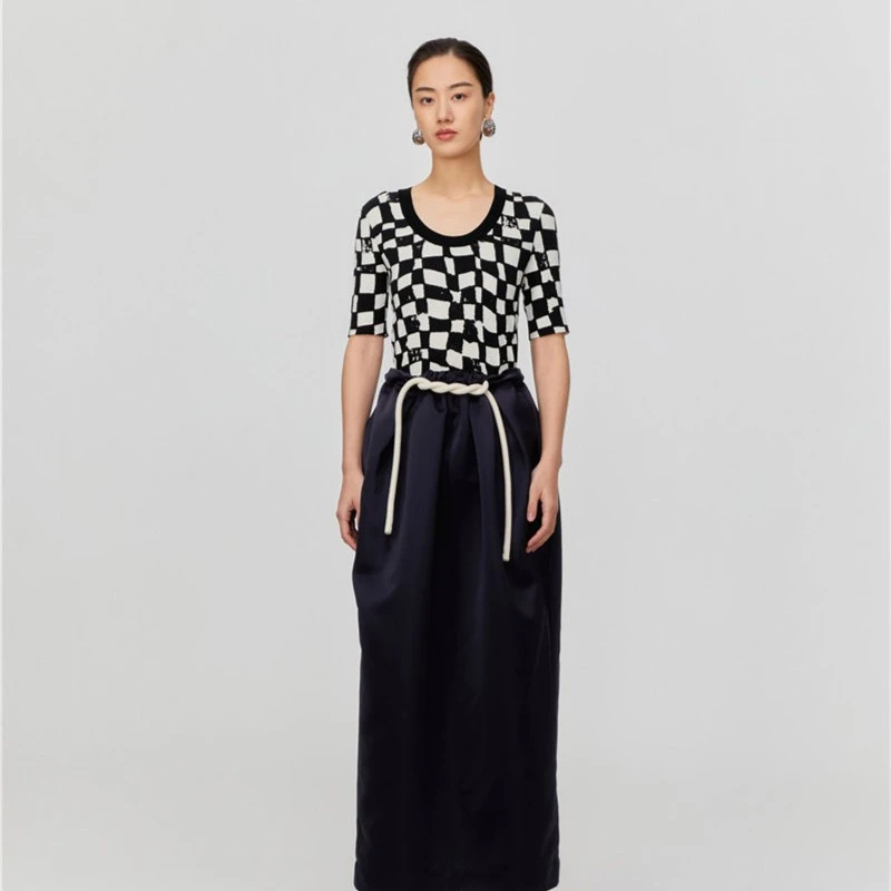 ZHUCHONGYUN提花针织圆领复古撞色棋盘格夏季黑白针织衫C1BW2844M