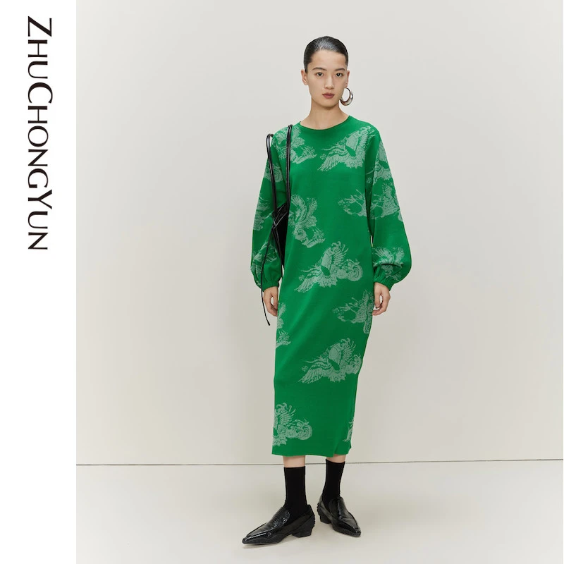 ZHUCHONGYUN东方白鹳提花加厚宽松直筒显瘦针织连衣裙C1CX1761M