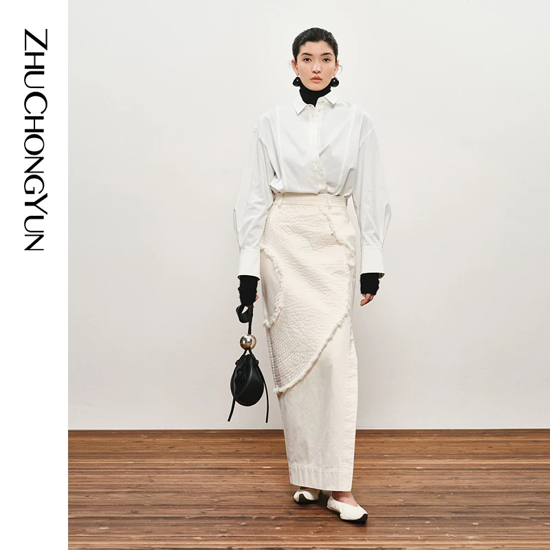 ZHUCHONGYUN秋简约白色宽松落肩直身棉质衬衫上衣C1EG32929