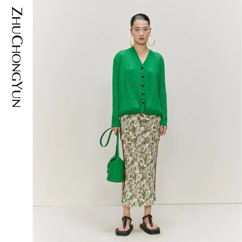 ZHUCHONGYUN2022春款罗纹叠层两件式羊毛针织开衫绿色C1CX1749M