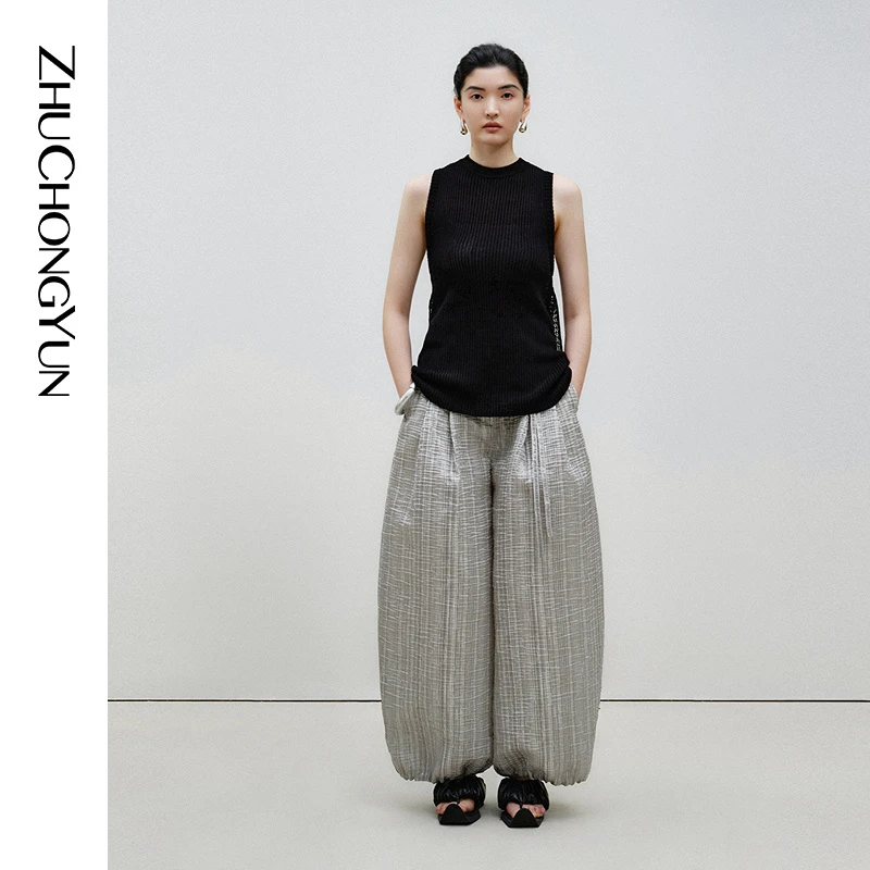 ZHUCHONGYUN2024夏银光条纹褶皱灯笼裤子配腰带长裤C1EG21155