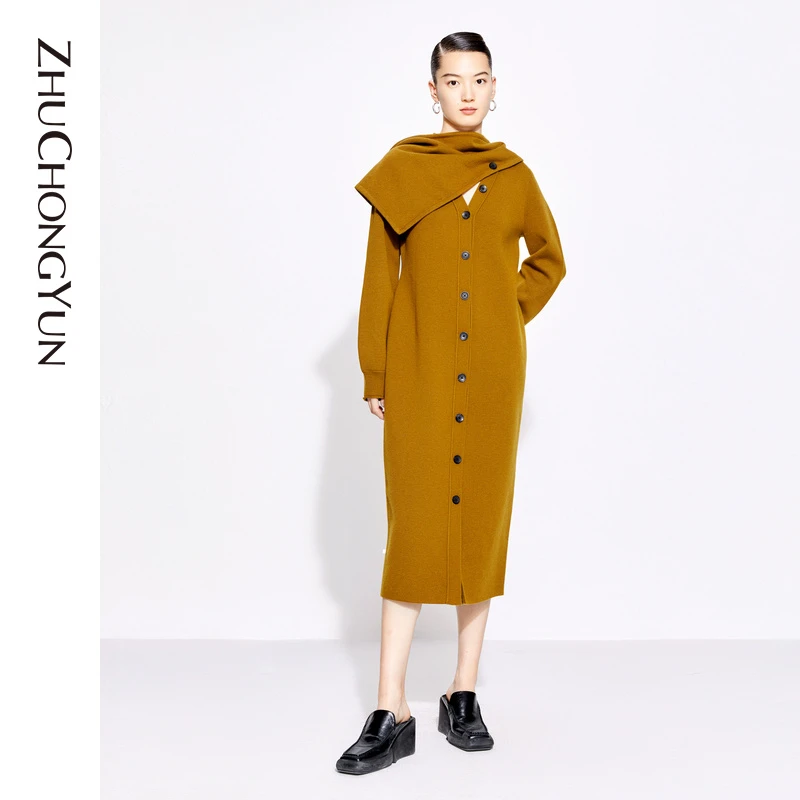 ZHUCHONGYUN秋冬v领时尚羊毛中长裙长裙C1CX4871M