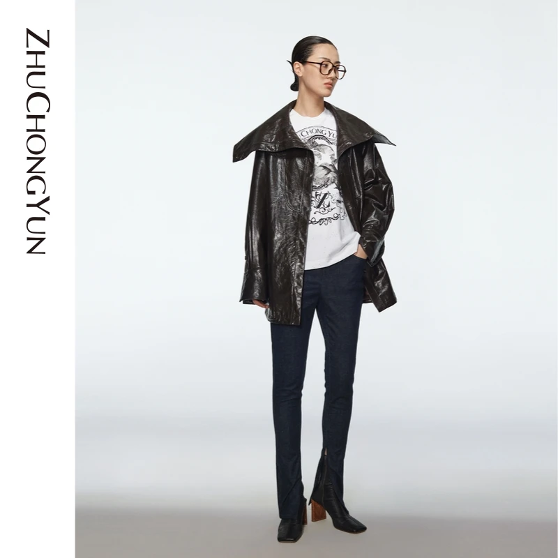 ZHUCHONGYUN设计师时尚休闲立领黑色皮衣外套百搭通勤C1BW3299P