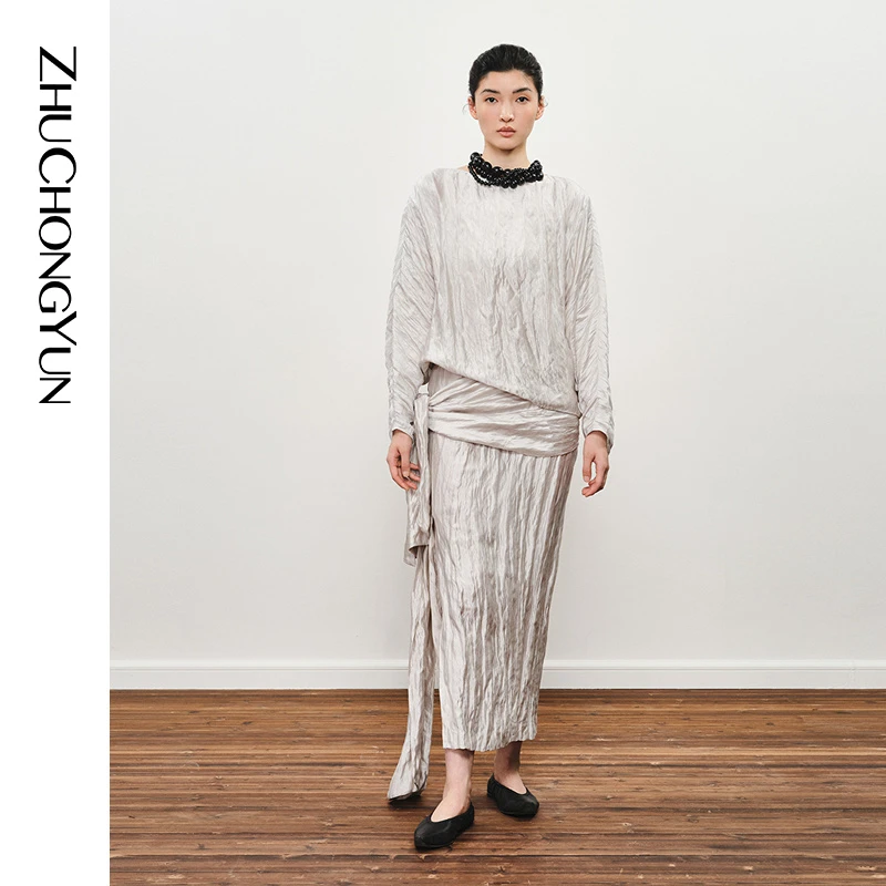 ZHUCHONGYUN冬水光褶皱围裹绑带开衩长款直身半裙C1EG40982