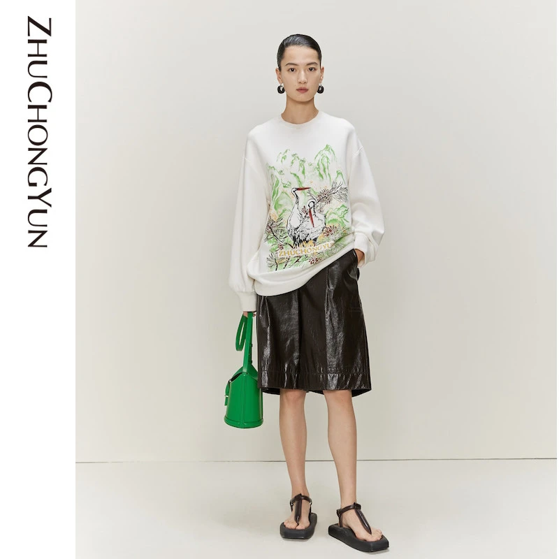 ZHUCHONGYUN春新款通勤时尚褶饰两面牛皮革宽松短裤女士C1CX1481P