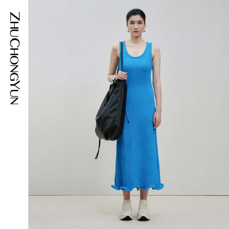 ZHUCHONGYUN春松石蓝圆领无袖卷边裙摆连衣裙C1EG11116