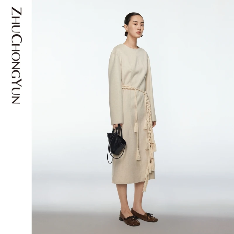 ZHUCHONGYUN针织白色百搭气质高领连衣裙轻奢女装打底C1BW34126