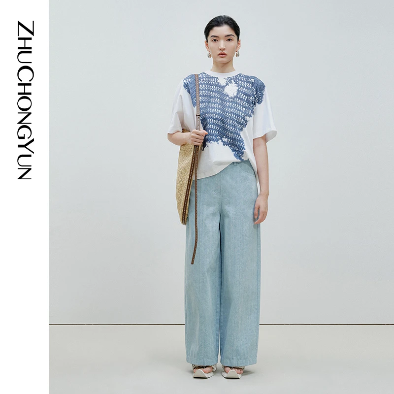 ZHUCHONGYUN夏时尚简约立体感编织印花圆领短袖T恤上衣