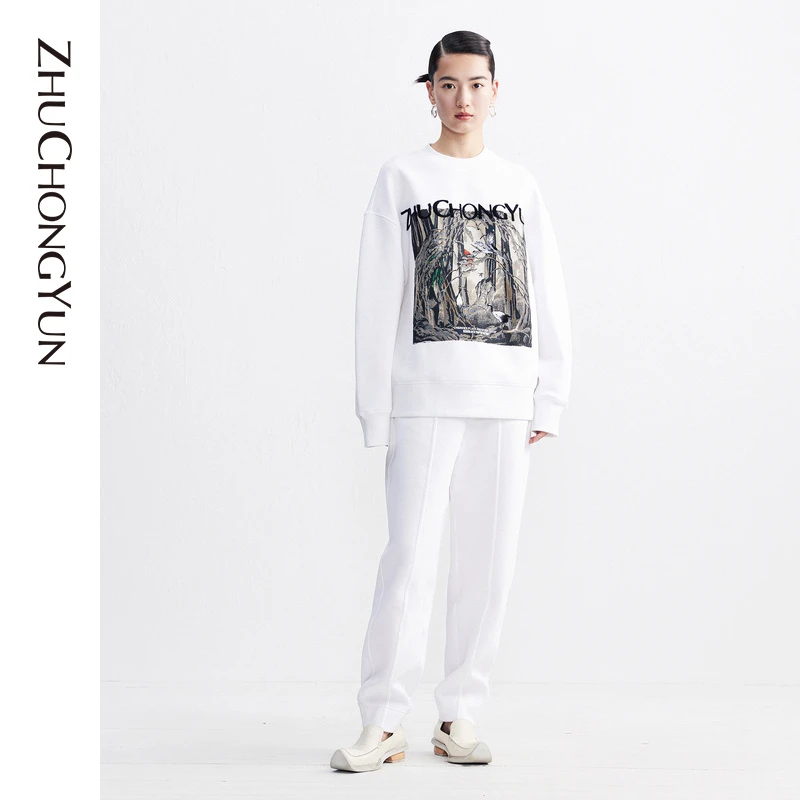 ZHUCHONGYUN早秋新款直筒白色时尚圆领休闲印花卫衣C1CX33471