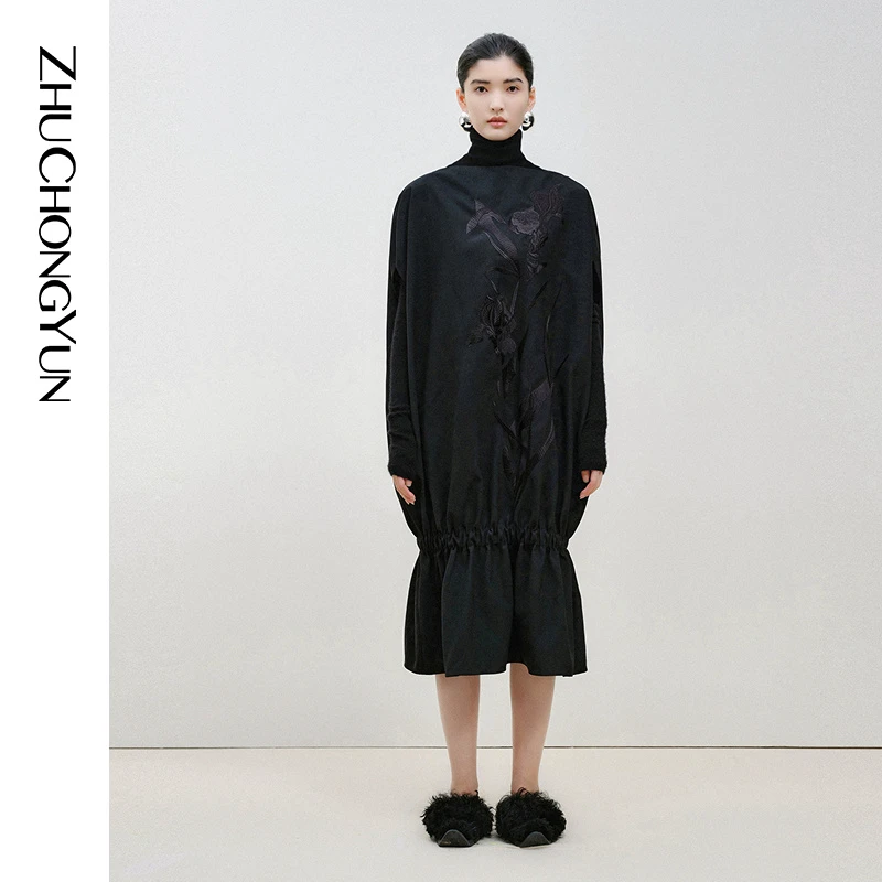 ZHUCHONGYUN春黑色东方感刺绣提花抽皱设计连衣裙C1EG15106
