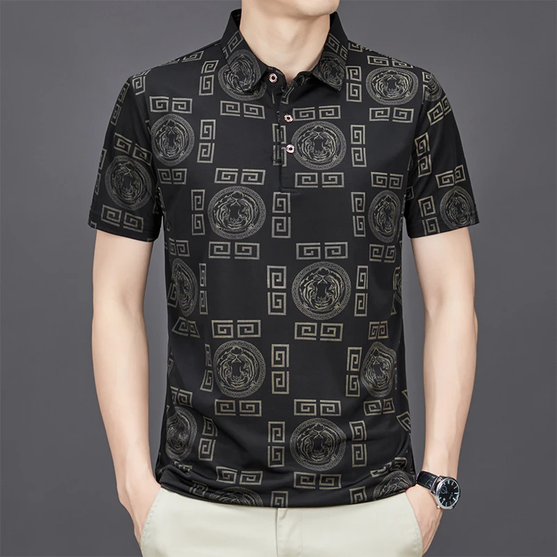 904夏季短袖Polo衫印花衬衫男弹力中年男士衬衫透气冰感高弹衬衣