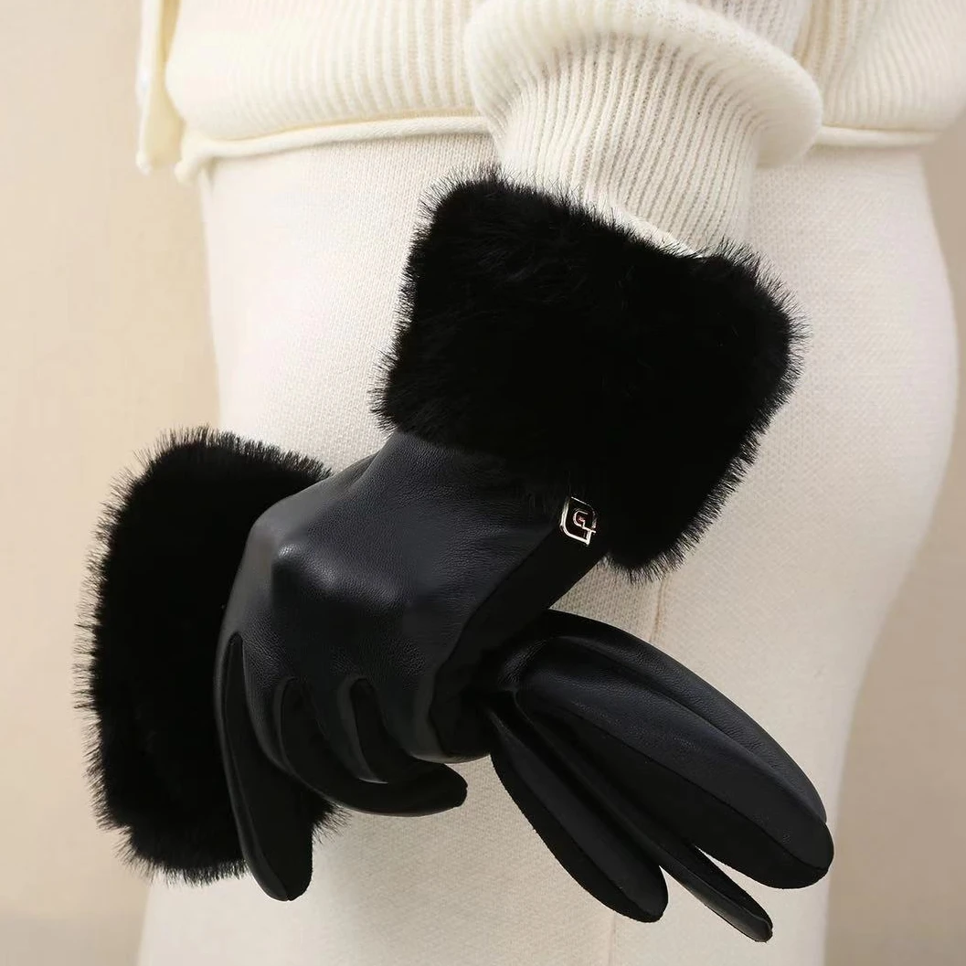 LanYuan轻奢PU手套加绒加厚女士秋冬户外保暖加厚时尚可触屏