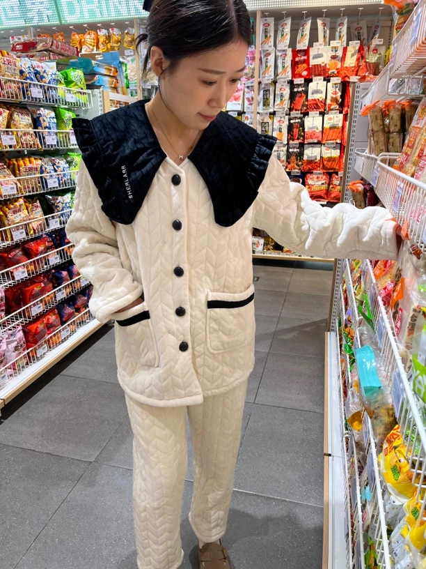 原创 减龄娃娃领三层夹棉加绒外穿家居服套装