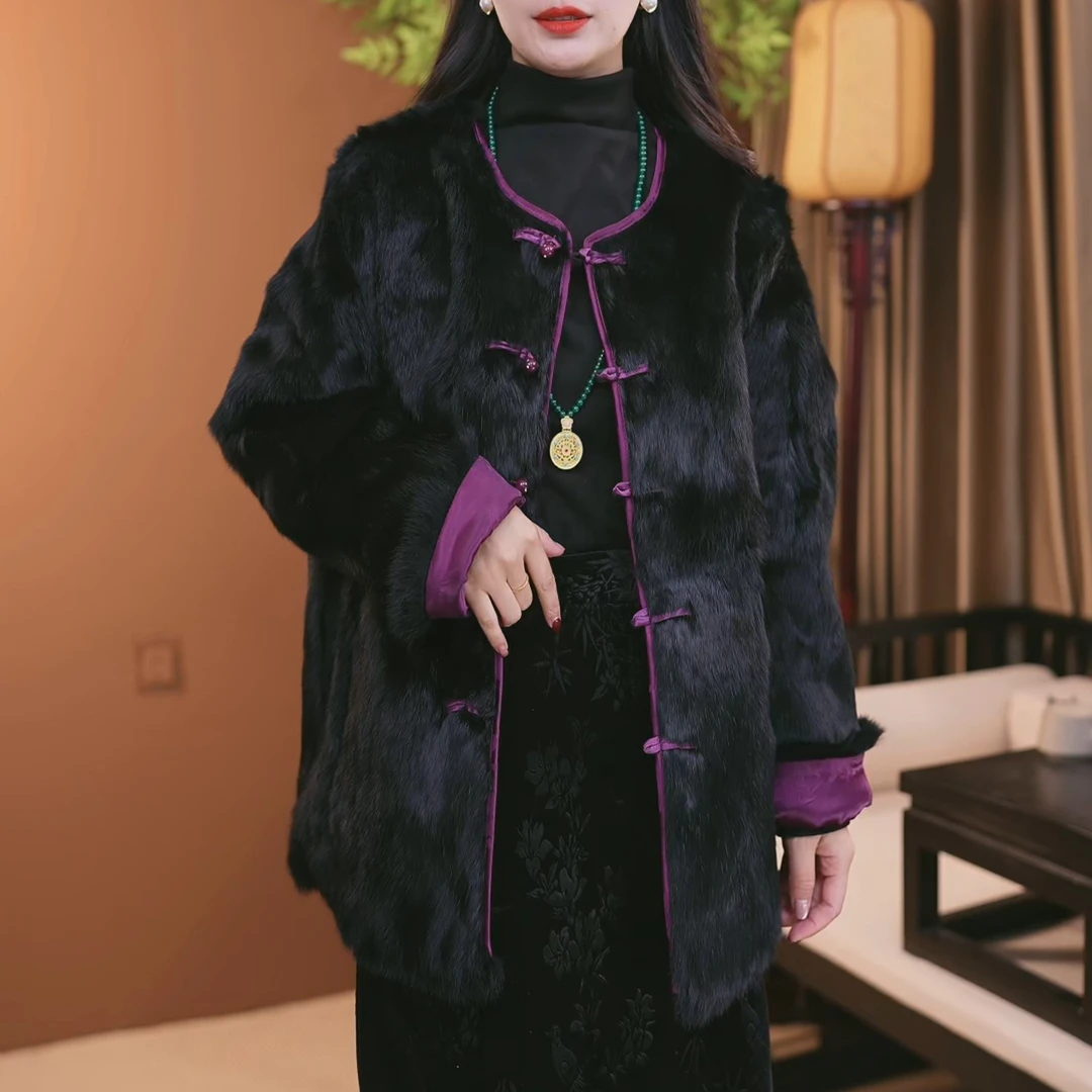 【圆领】冬季新款皮毛一体中式加厚双面双穿中国风女外套S047