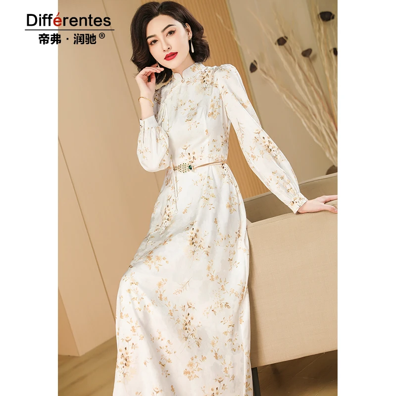 复古新中式印花缎面连衣裙改良旗袍长款