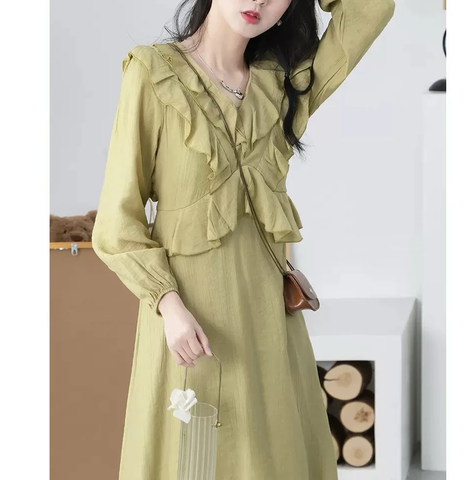 1522  温柔风复古显瘦设计感收腰气质系带女装连衣裙