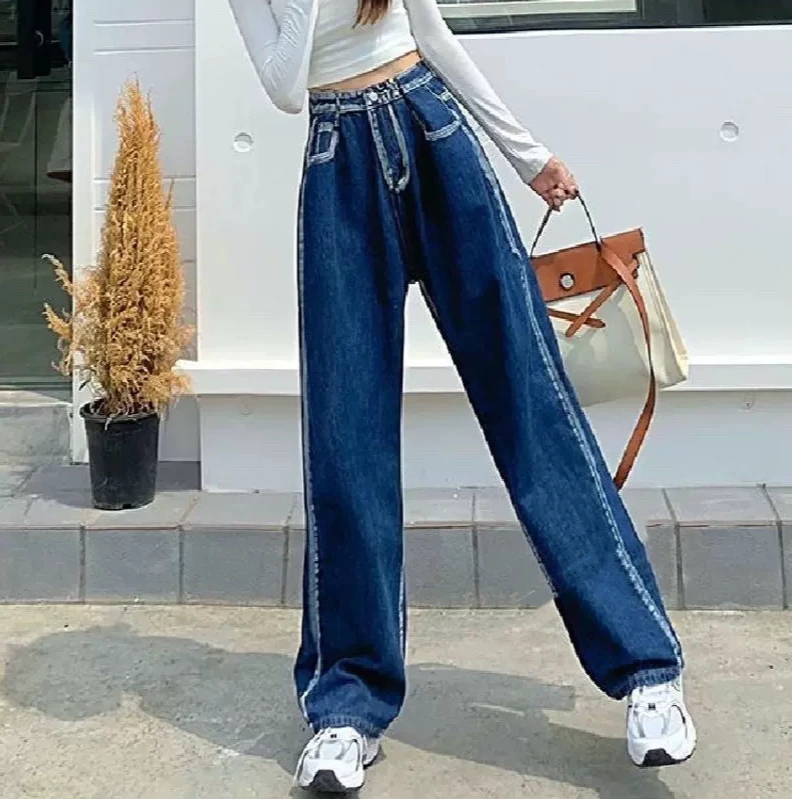 487 深蓝色线条感百搭显瘦高腰阔腿牛仔裤（S15）