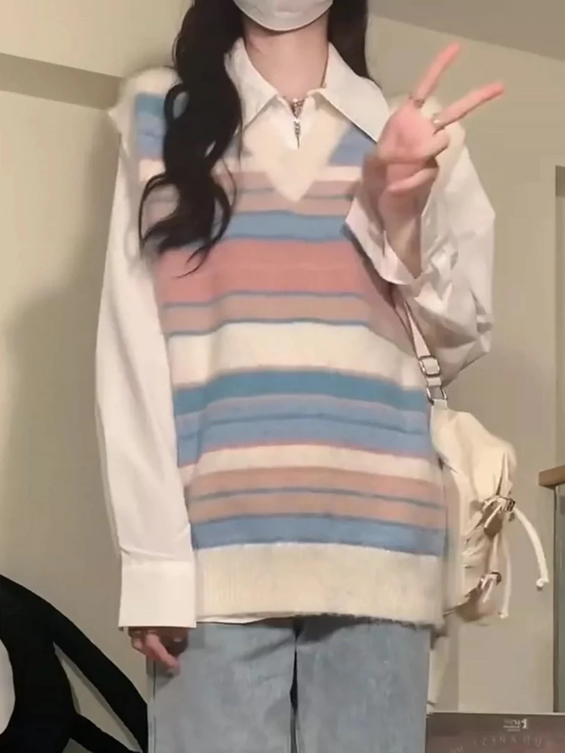 134 粉蓝系条纹宽松韩版毛衣马甲（S10）