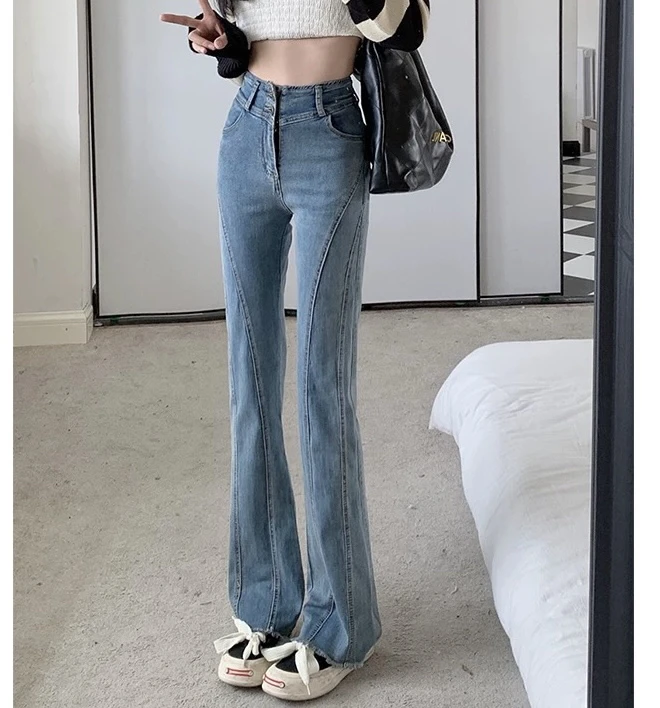 382 【欧尼裤】微喇显瘦高腰毛边设计款复古蓝牛仔裤（K230#）