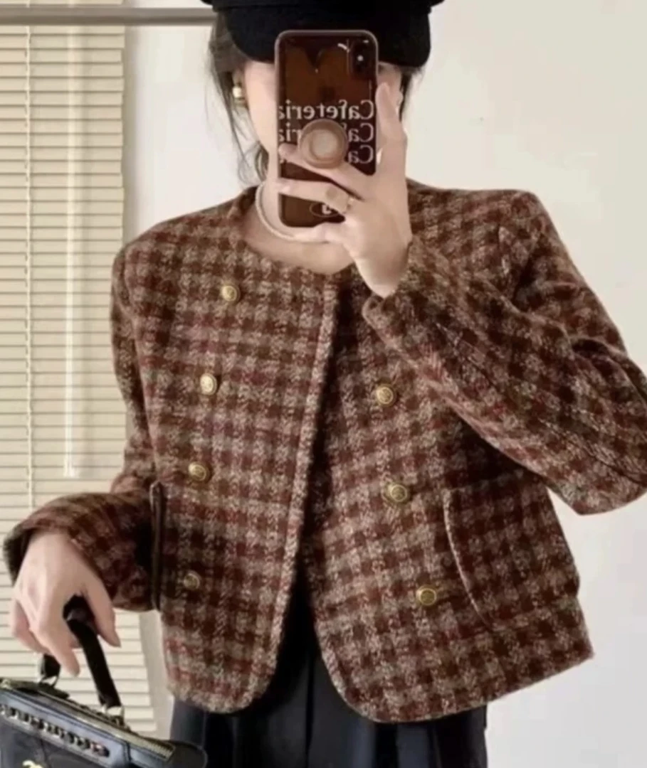 1003 复古红色格子精致小香风外套