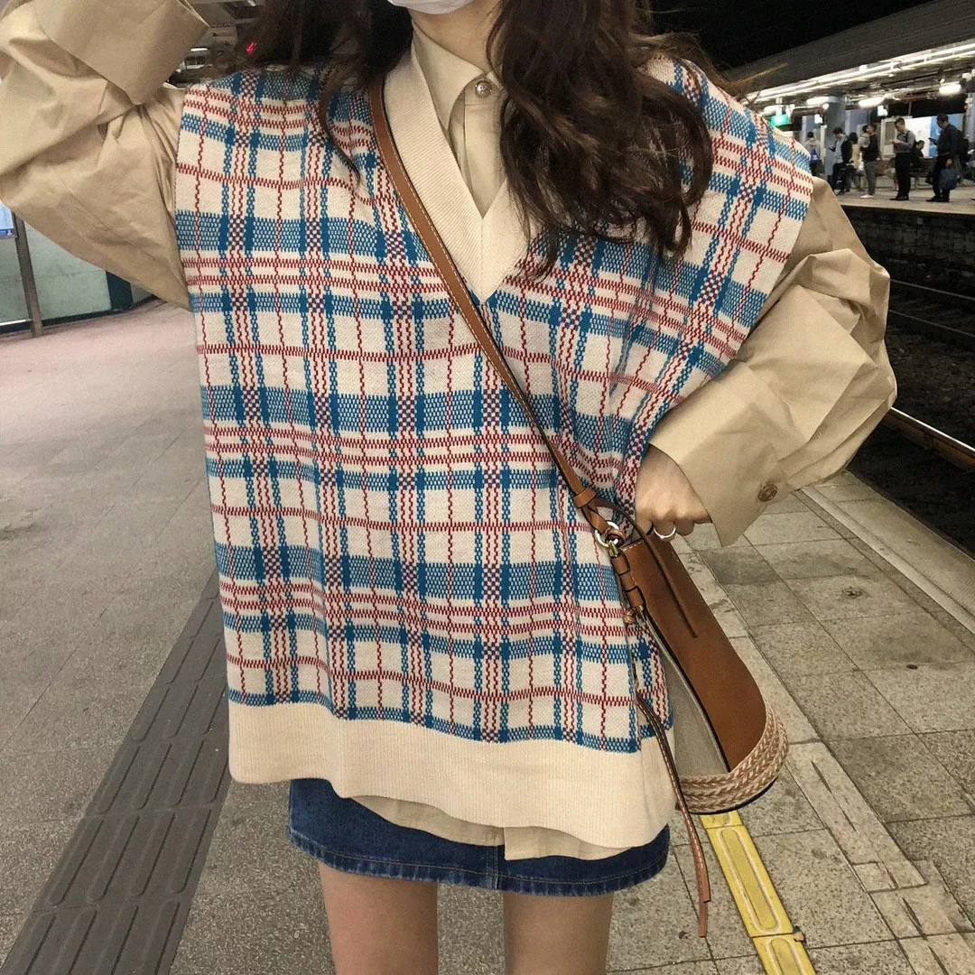 1751 韩版宽松拼色格子针织毛衣马甲（S05）