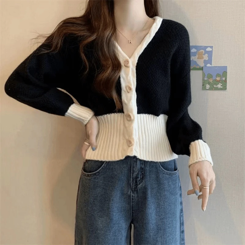 1990  v领毛衣针织开衫显瘦设计感撞色上衣（A12）