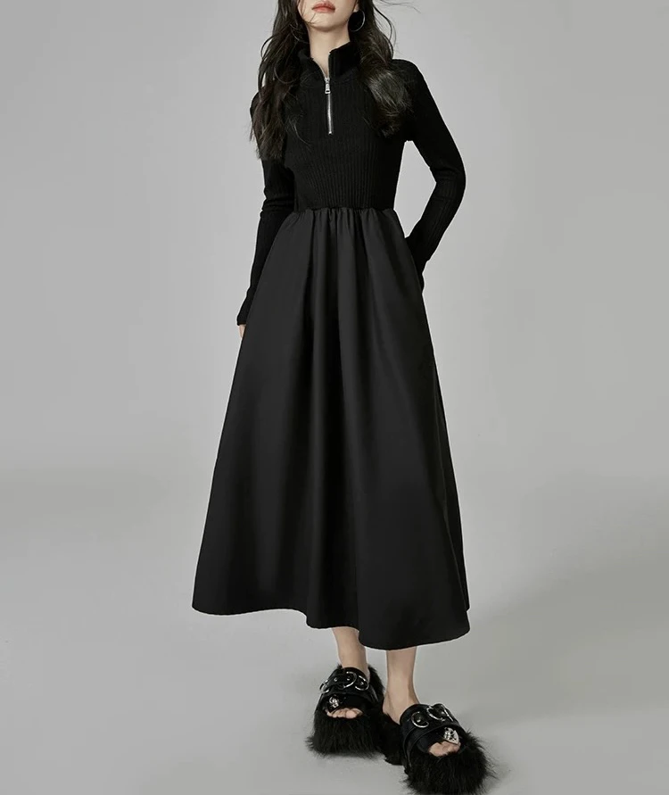 354 高级感拼接时尚A字版冷淡风连衣裙(A14)